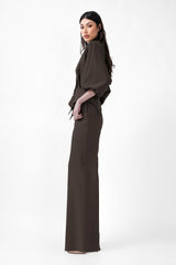 Khaki Set With Blouse With Puffed Sleeves And Wide Leg Trousers