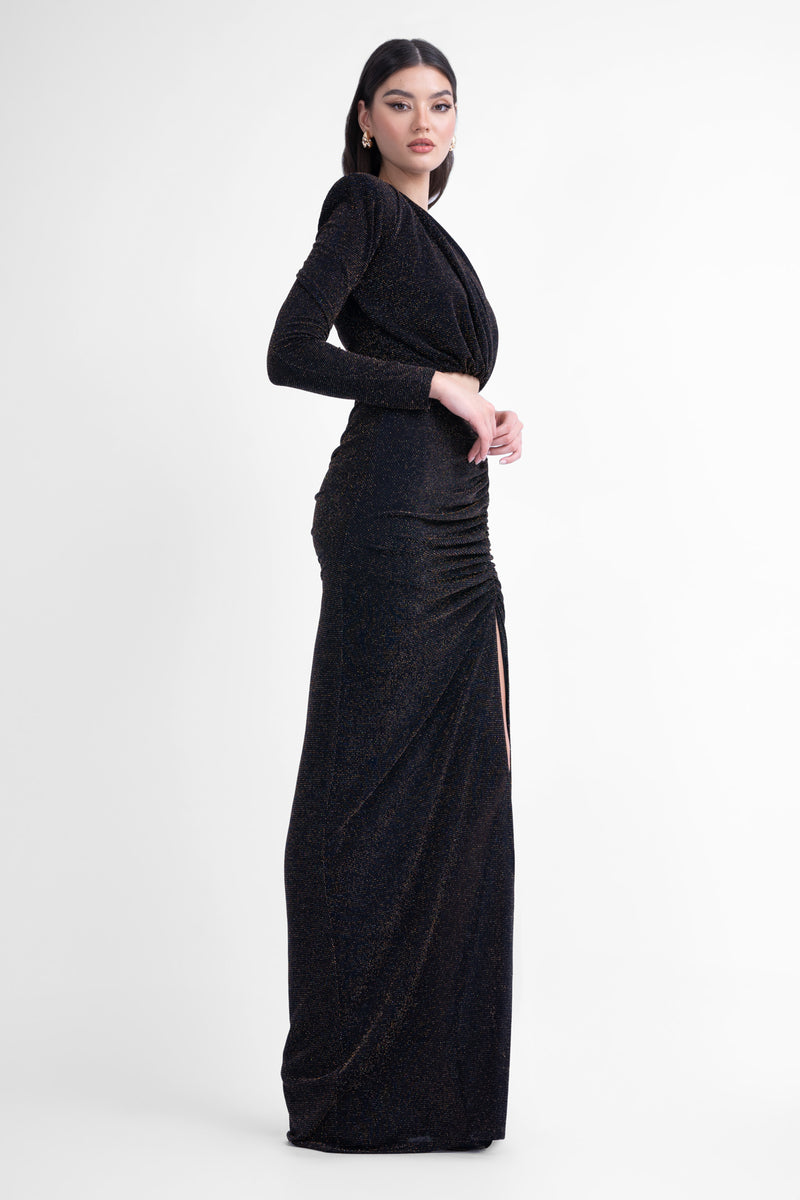 Maxi asymmetrical dress with gold details and cut-outs