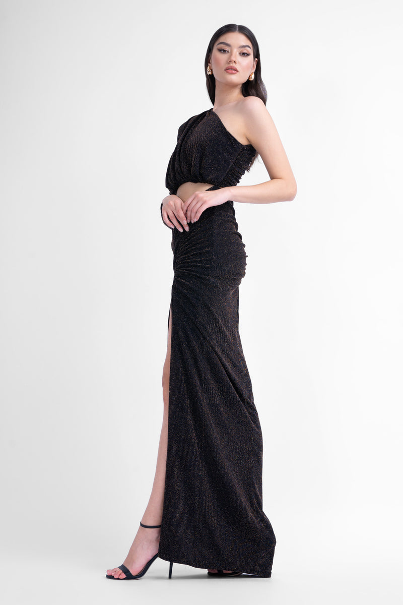 Maxi asymmetrical dress with gold details and cut-outs