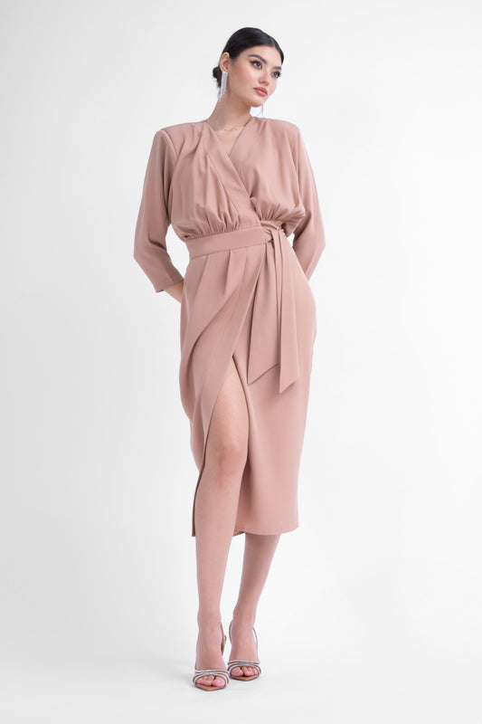 Beige midi dress with draping detailing and waist belt