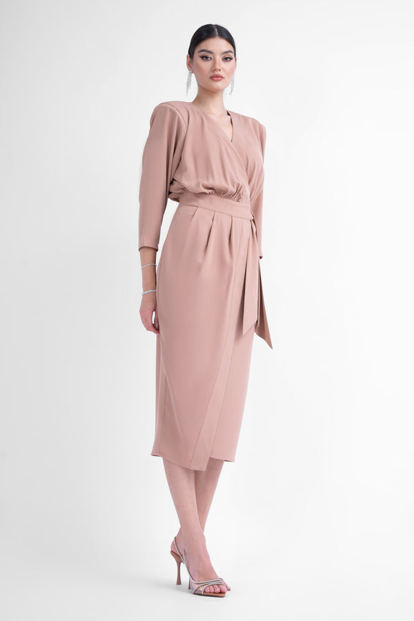 Beige midi dress with draping detailing and waist belt