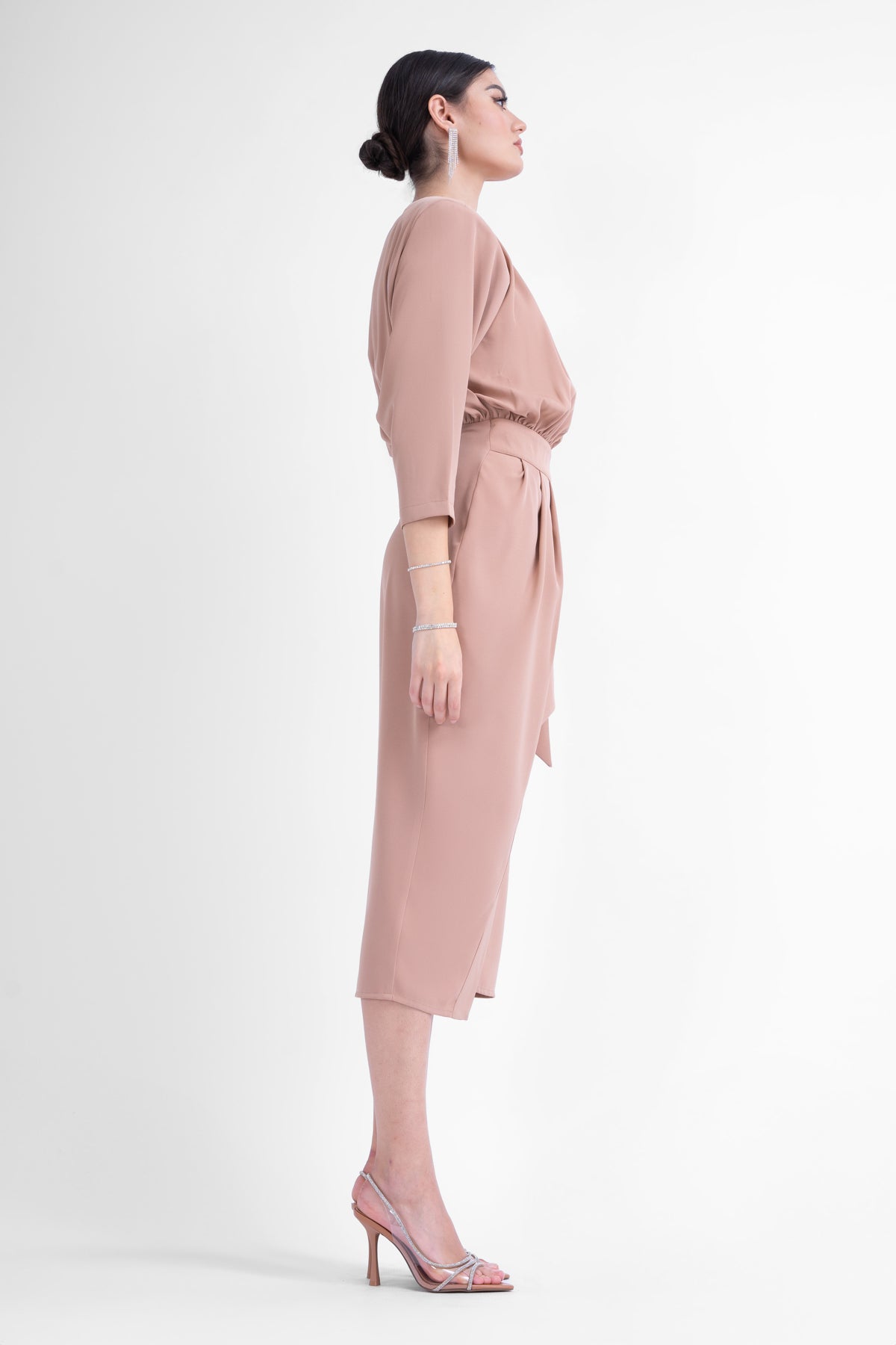 Beige midi dress with draping detailing and waist belt