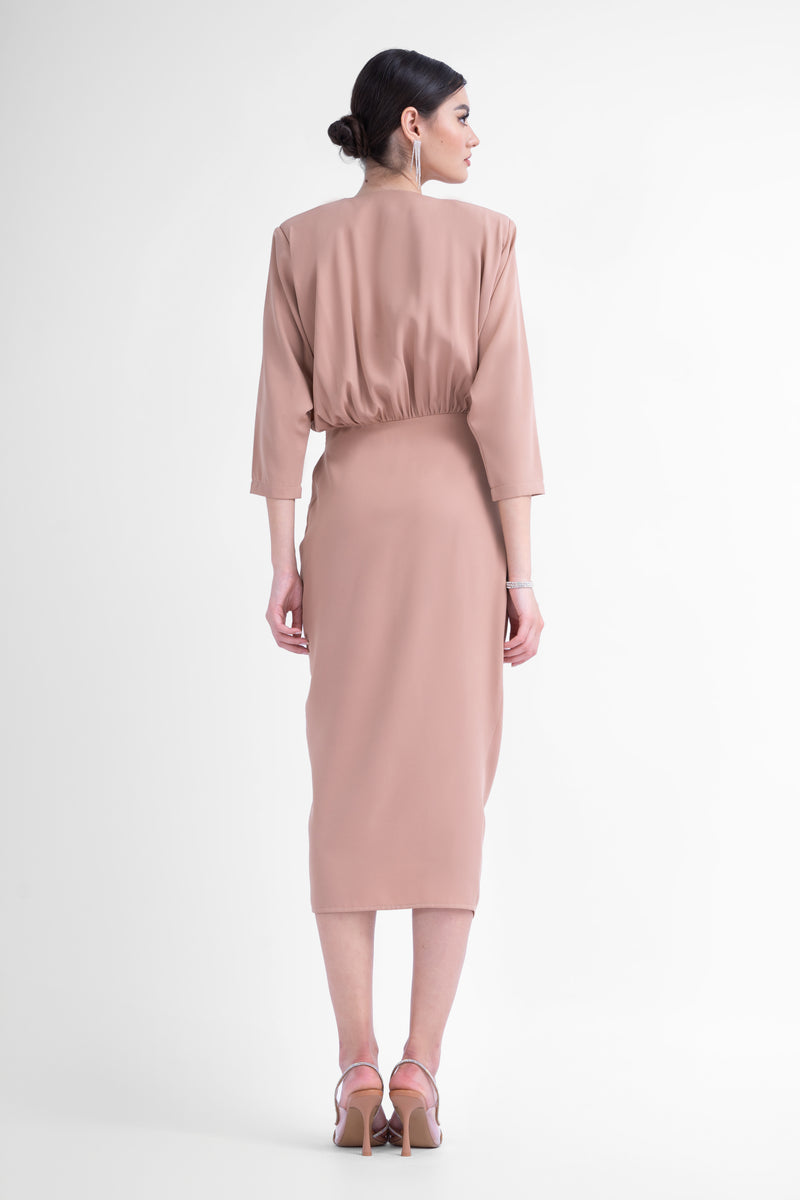 Beige midi dress with draping detailing and waist belt
