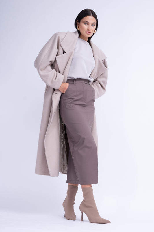 Beige gestructureerde wollen jas met oversized revers