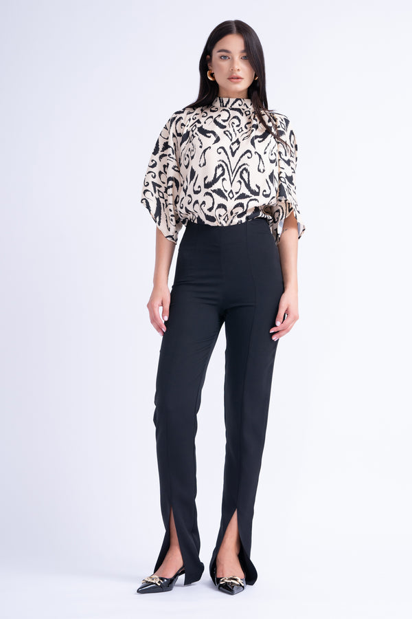 Abstract Printed Flared Blouse With Pleats
