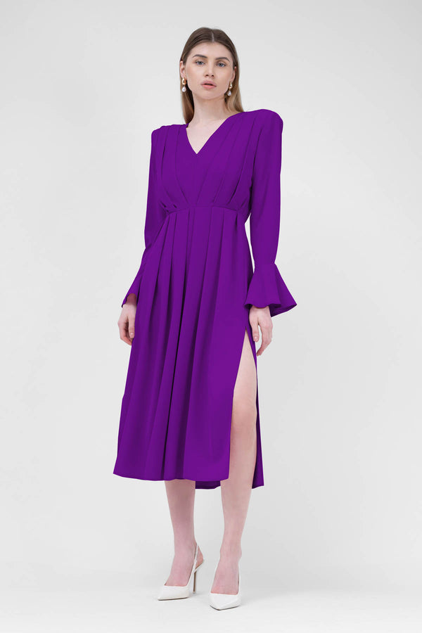Purple Midi Dress With Pleats And Proeminent Shoulders