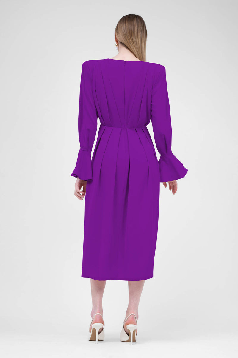 Purple Midi Dress With Pleats And Proeminent Shoulders