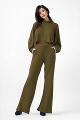 Khaki Knitted Set With Blouse And Wide Leg Trousers