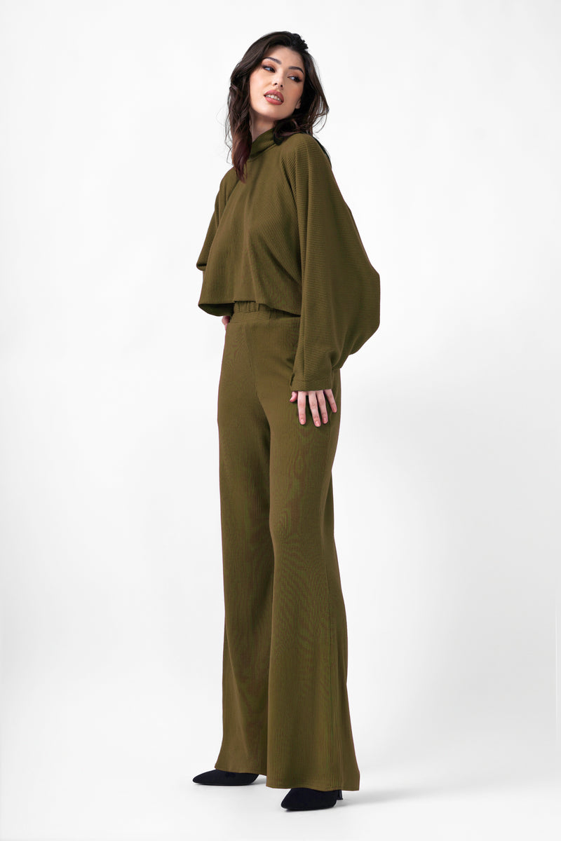 Khaki Knitted Set With Blouse And Wide Leg Trousers