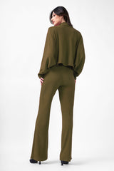 Khaki Knitted Set With Blouse And Wide Leg Trousers