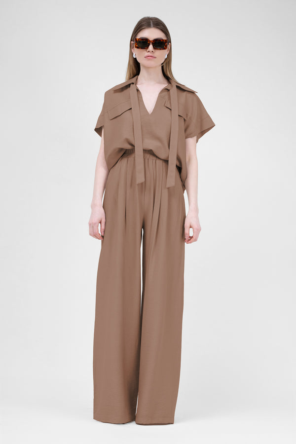 Camel Linen Set With Shirt With Pockets And Wide Leg Trousers