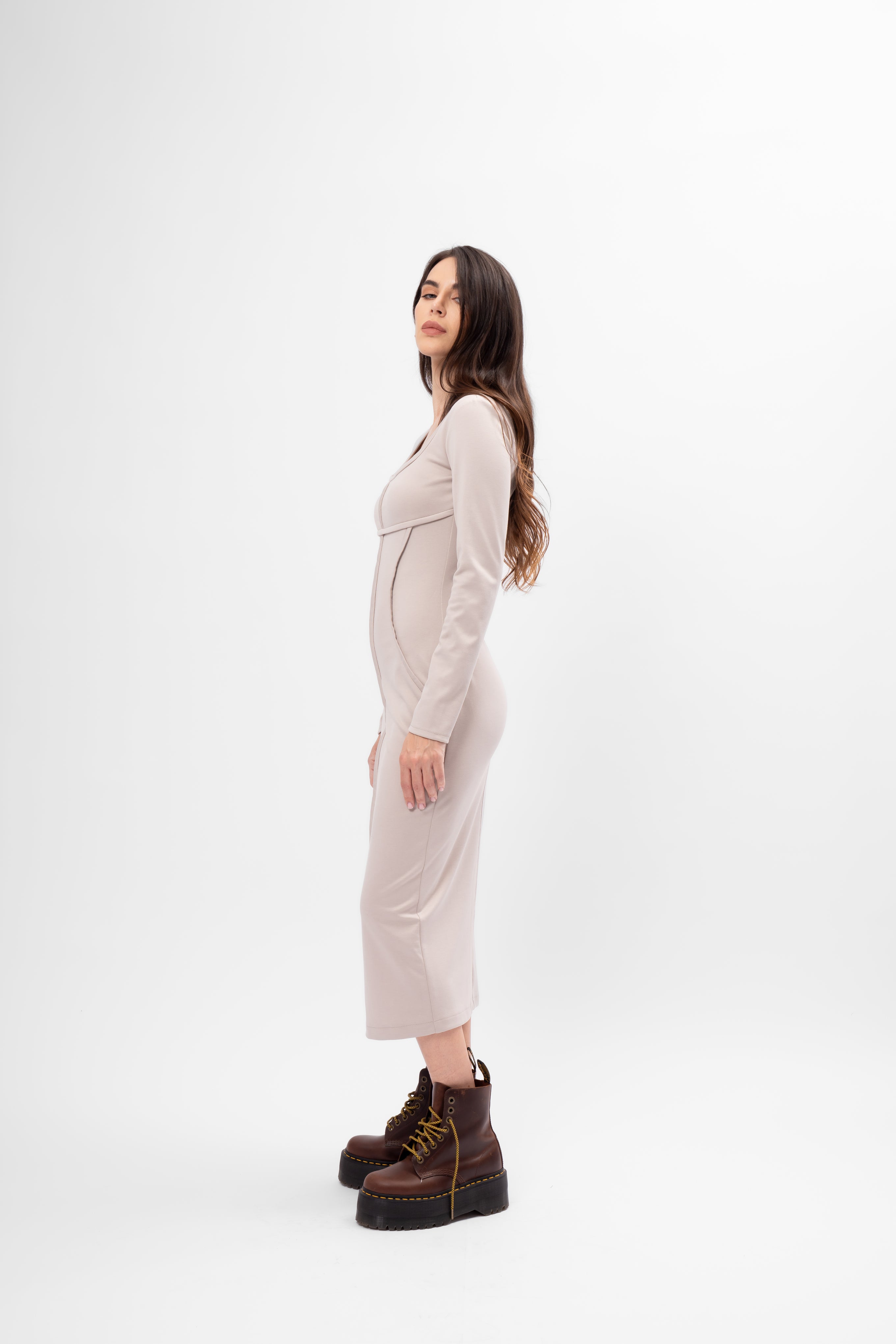 Beige Bodycon dress with square neckline