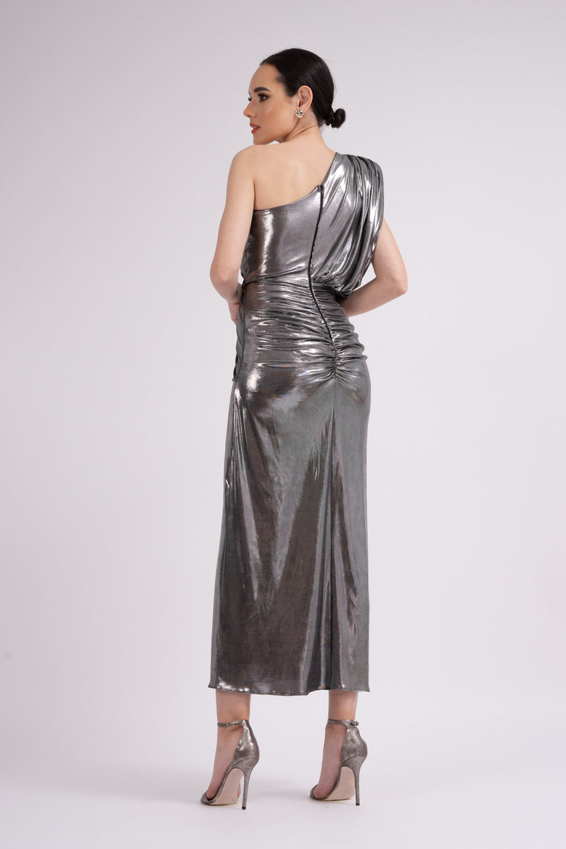 Midi metallic black dress with one draped shoulder