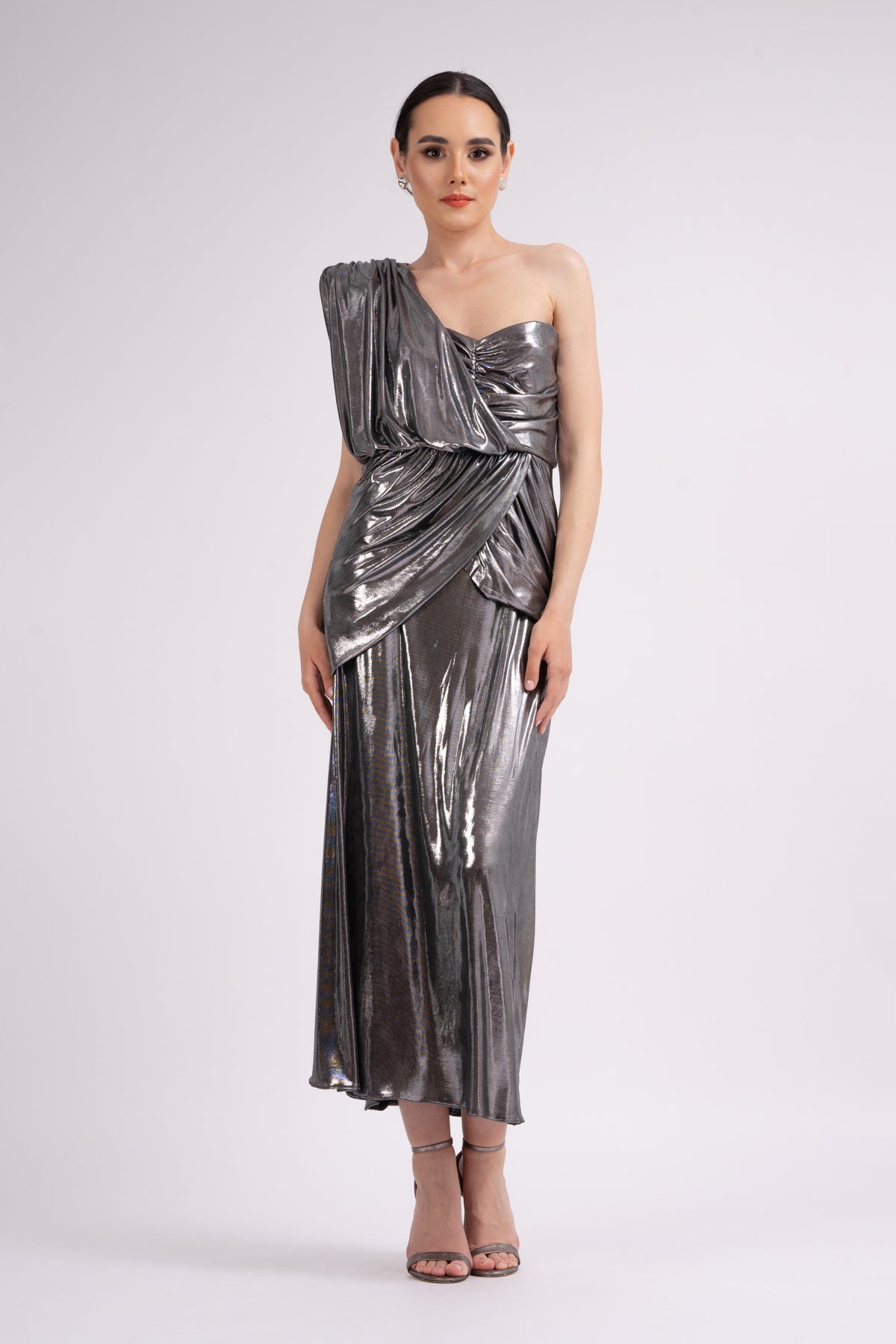 Midi metallic black dress with one draped shoulder – Bluzat