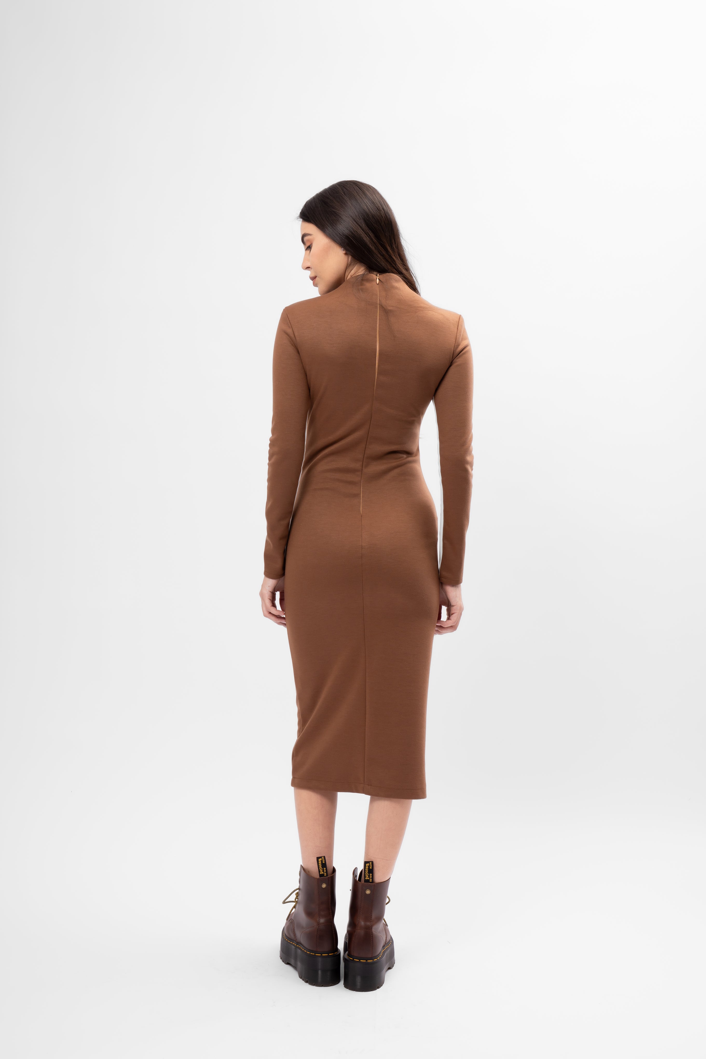 Bicolor Bodycon Midi Dress with High Neck