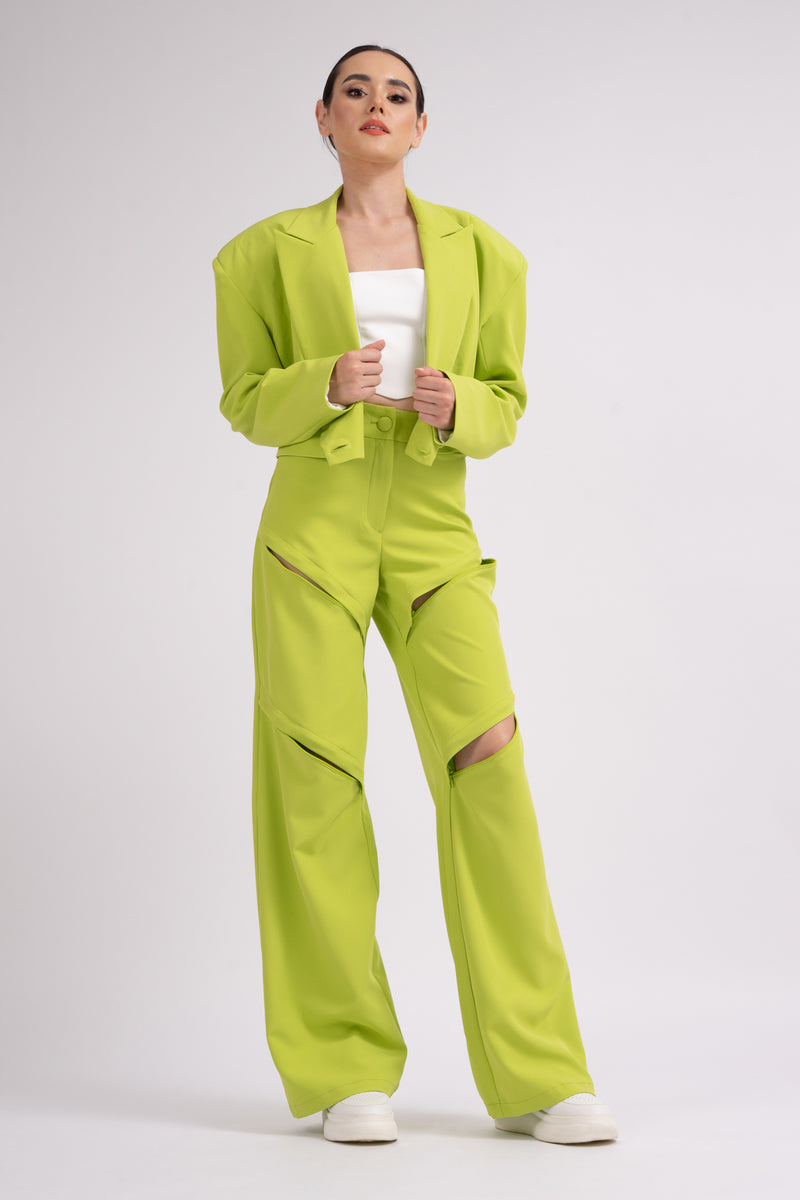 Lime suit with oversized cropped blazer and trousers with zippers