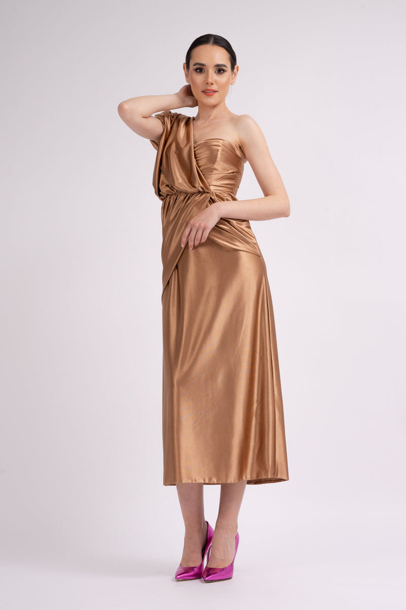 Midi bronze dress with one draped shoulder