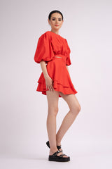 Red mini dress with cut-out and raglan sleeves