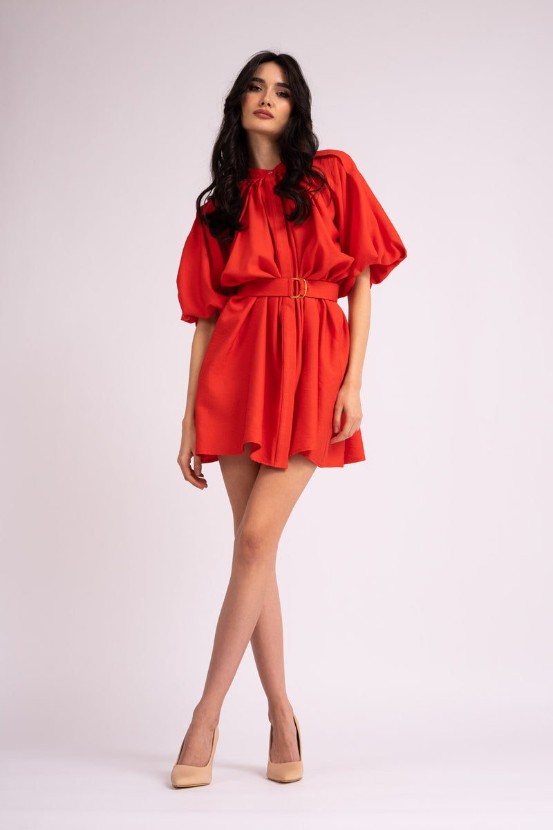 Red mini dress with raglan sleeve and pleats