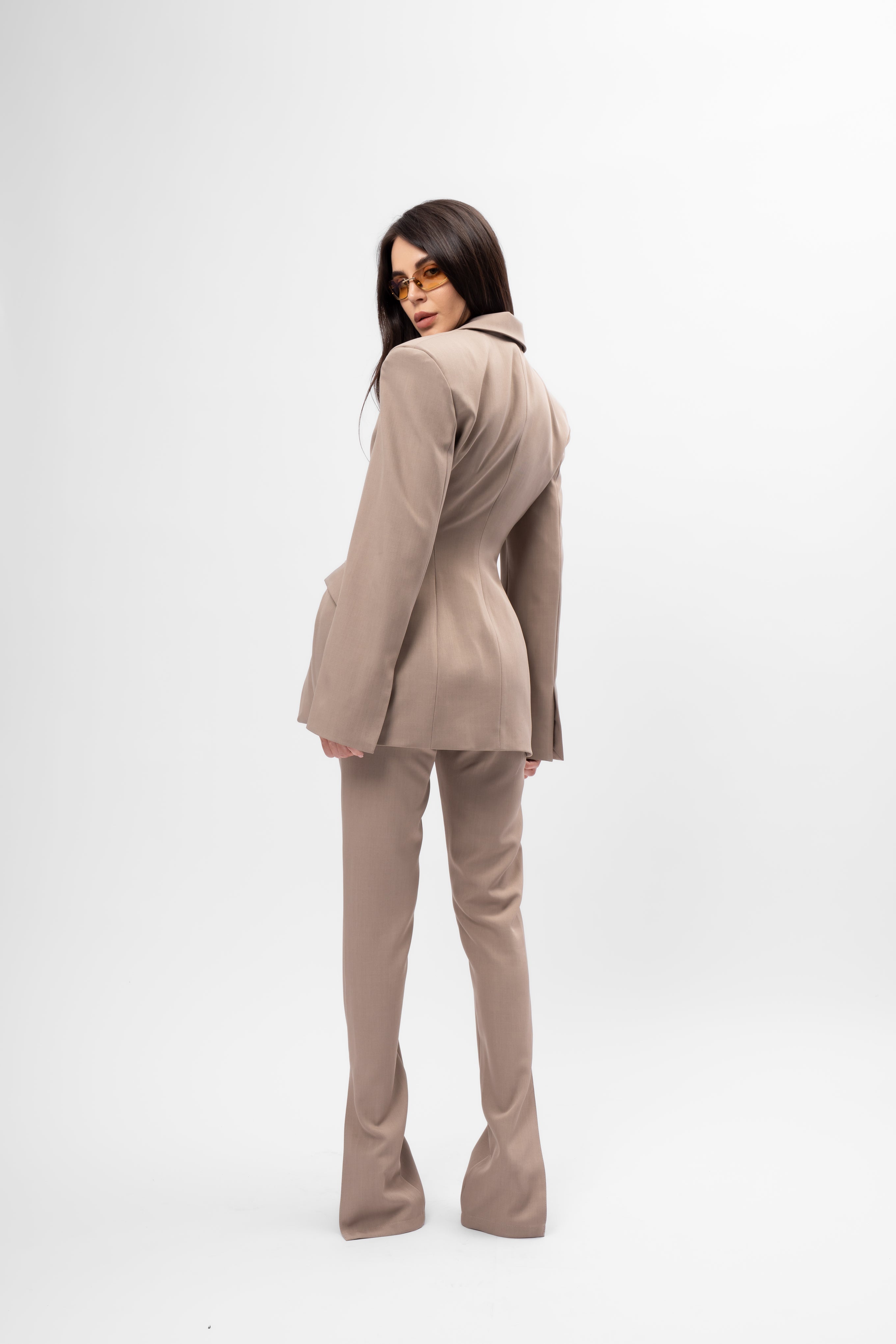 Beige Suit with Balloon Blazer and Split-Hem Trousers