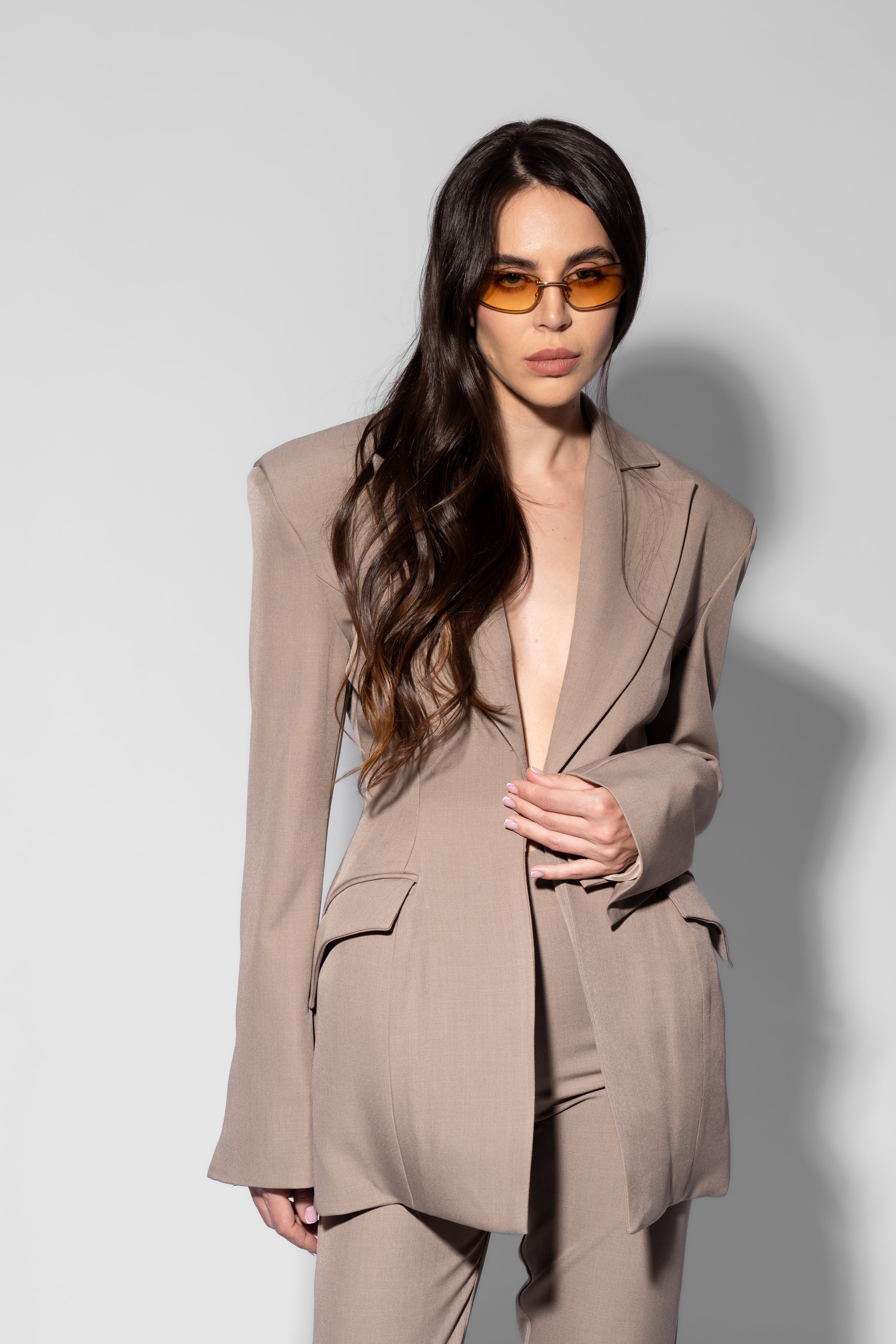 Beige Suit with Balloon Blazer and Split-Hem Trousers