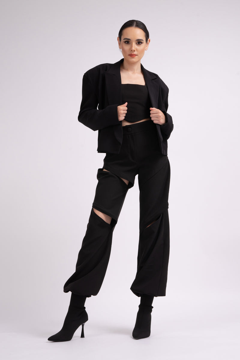 Black suit with oversized blazer and trousers with zippers