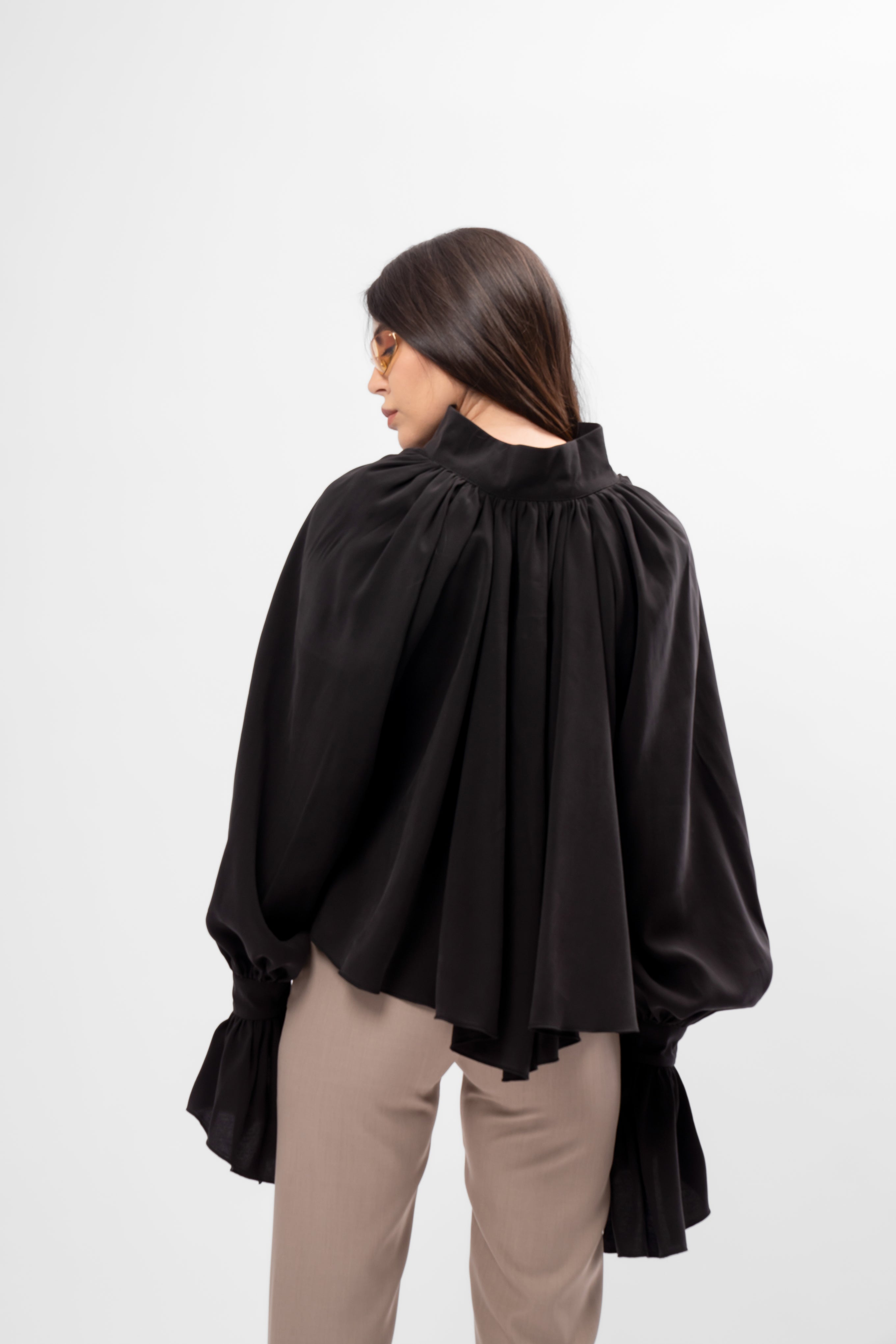 Black oversized shirt with high collar and balloon sleeves