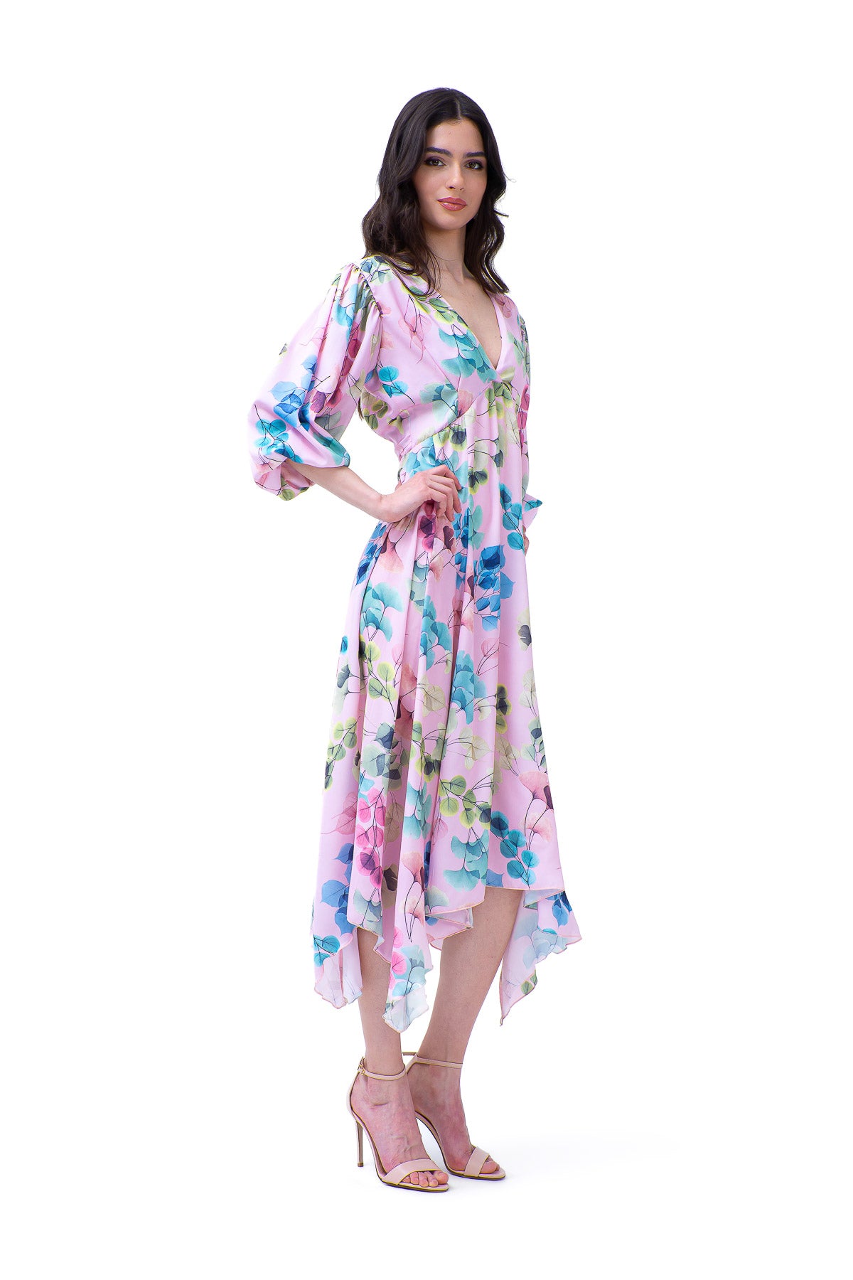 Floral Print Midi Dress With Pleats And Midi Sleeves