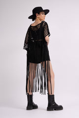 Black macrame dress with thread fringing