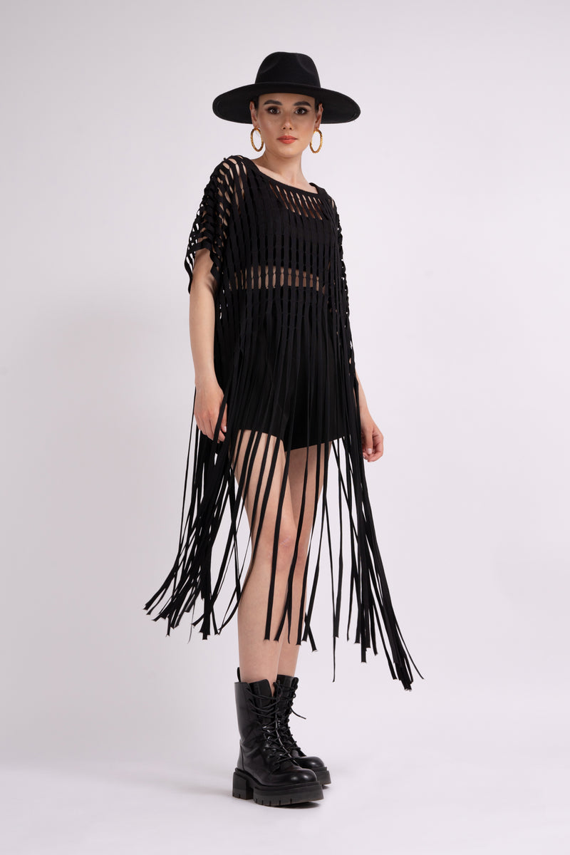 Black macrame dress with thread fringing