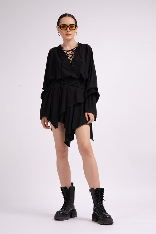 Black set with shirt and asymmetrical skirt