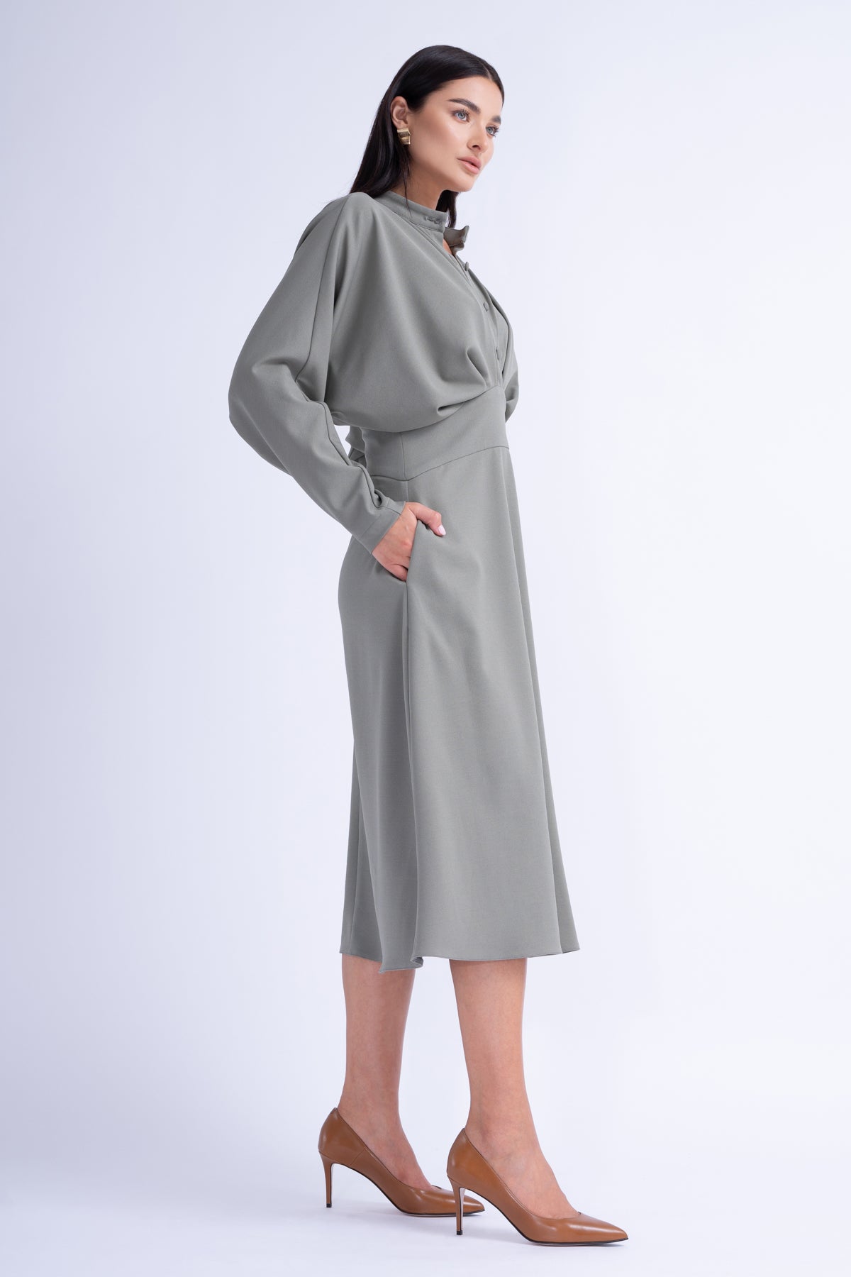 Khaki Midi Dress With Draping and Buttons