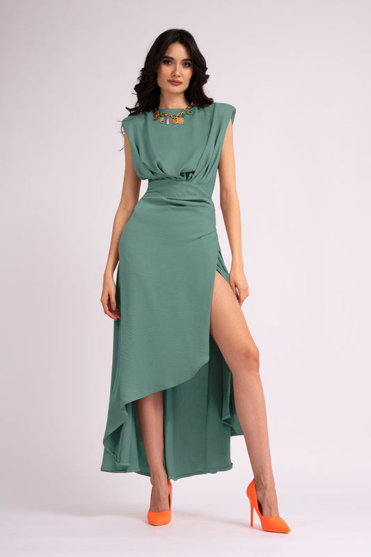 Rochie midi mint cu umeri supradimensionati si crapatura pe picior