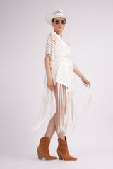White kaftan dress with thread fringing