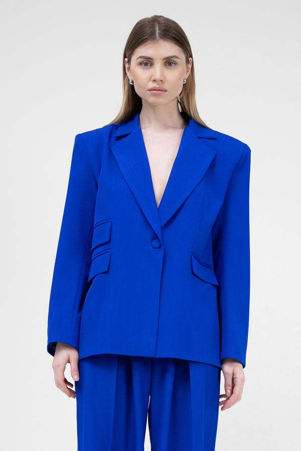 Electric Blue Regular Blazer With Double Pocket