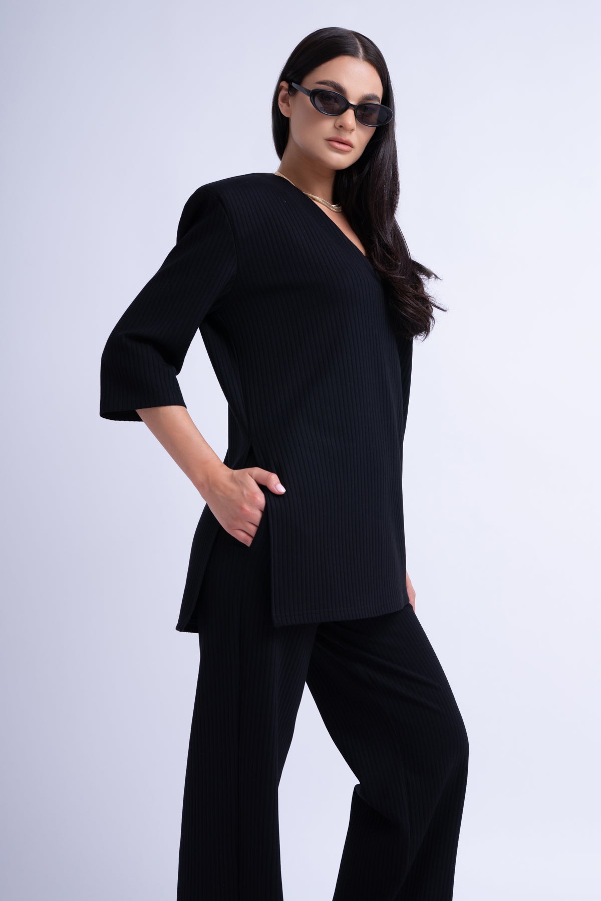 Ribbed Black Matching Set With Blouse And Trousers With Slit