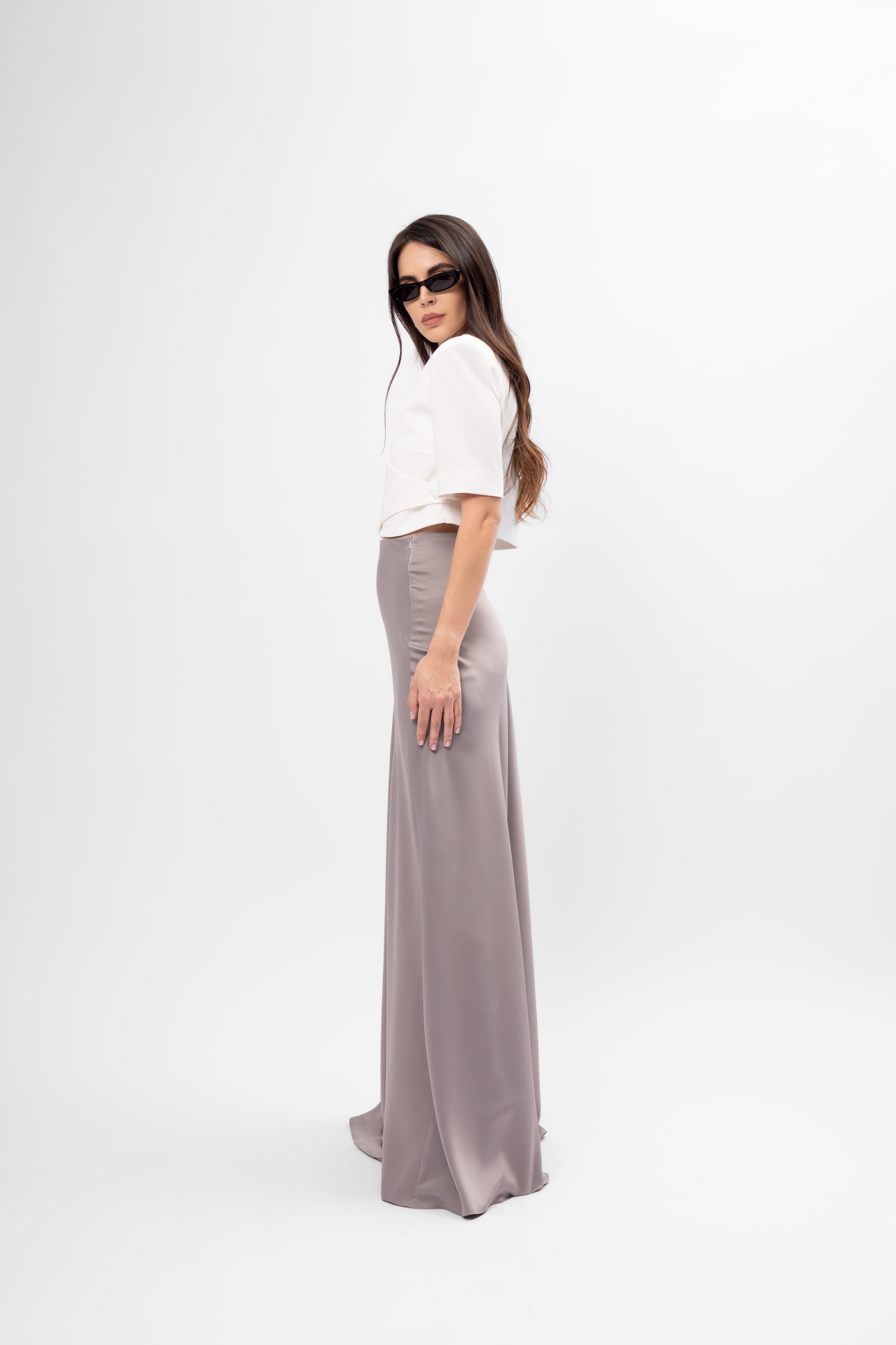 Fustă Maxi din Material Satinat gri