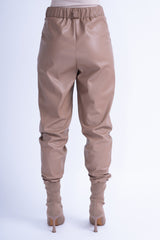 Beige Leather Suit With Oversized Blazer And High-Waist Slim Fit Trousers