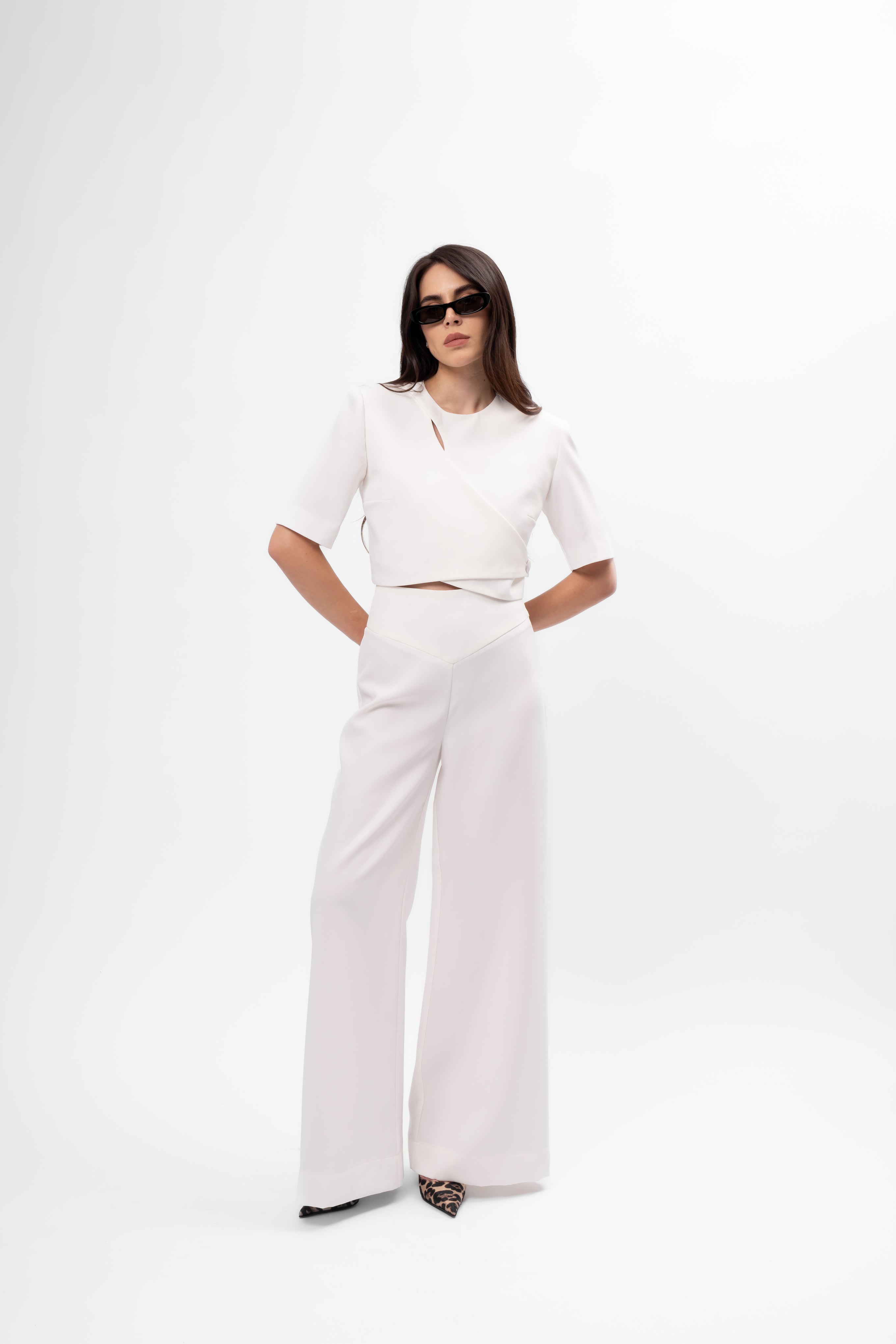 White Set with Cut-Out Top and Palazzo Pants