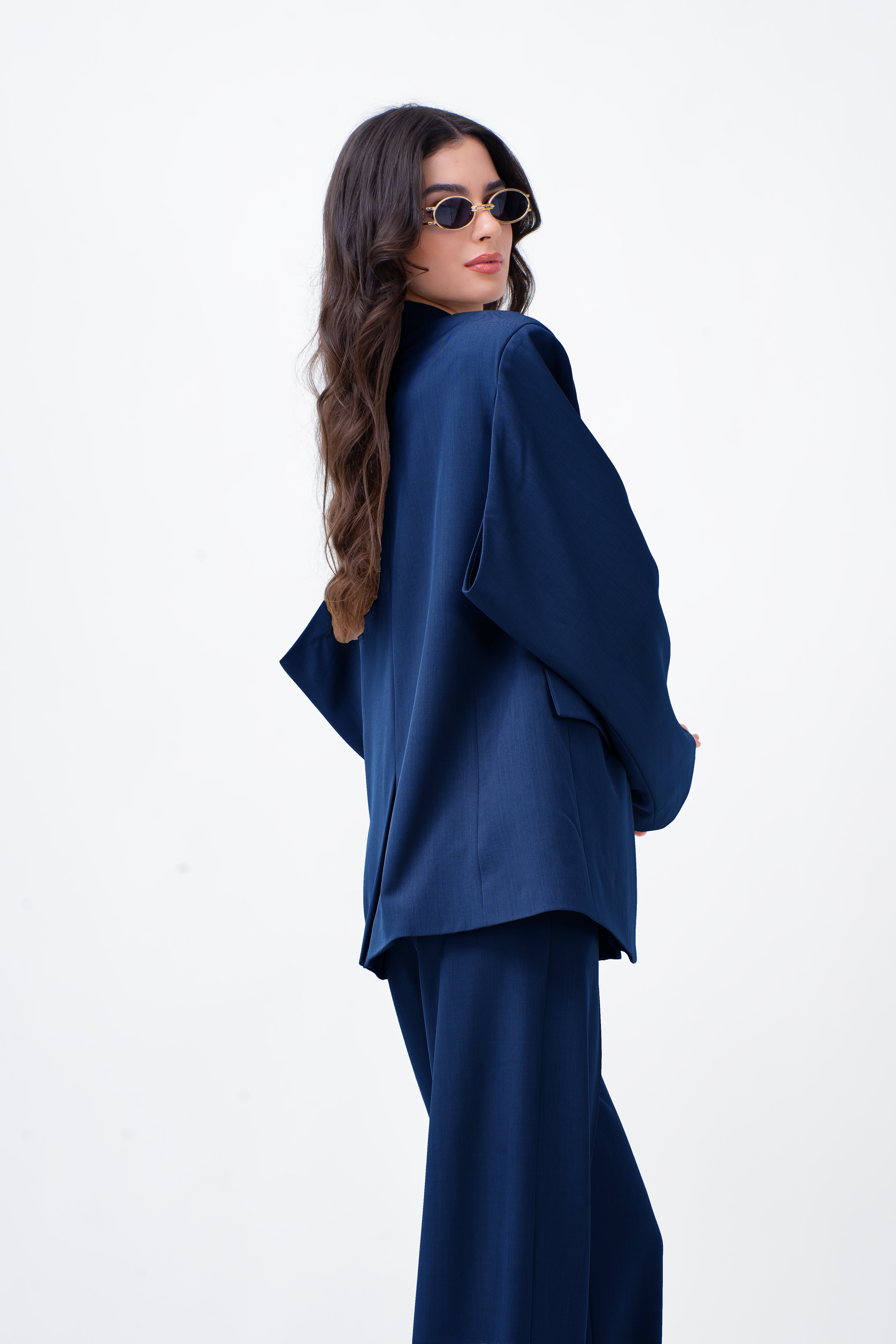 Navy Suit With Cut-Out Sleeves Blazer And Straight Trousers