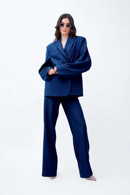 Navy Suit With Cut-Out Sleeves Blazer And Straight Trousers