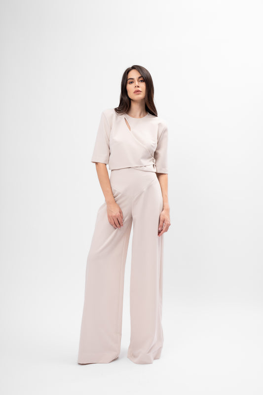 Set bej cu Top cu Decupaje și Pantaloni Palazzo