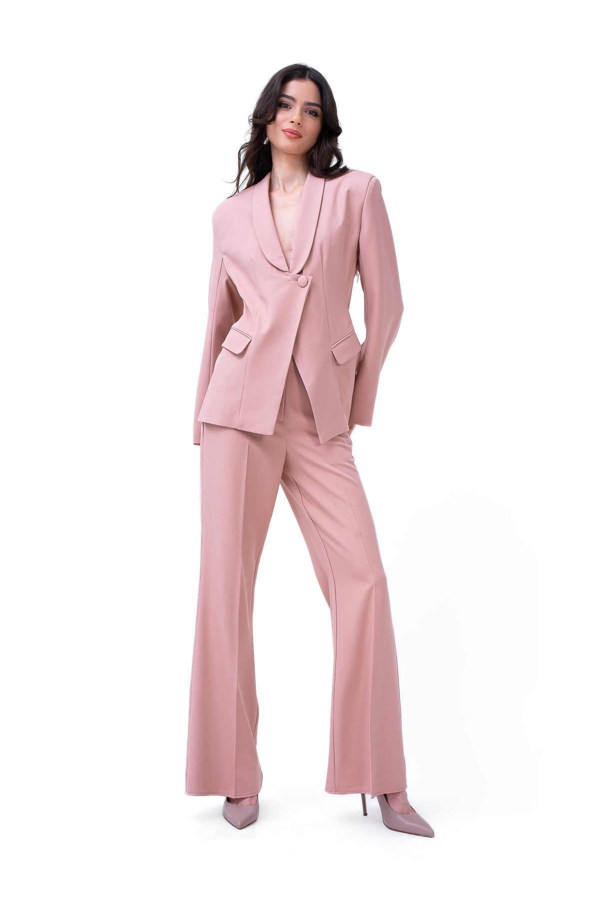 Powder Pink Suit With V-neck Blazer And Flared Trousers