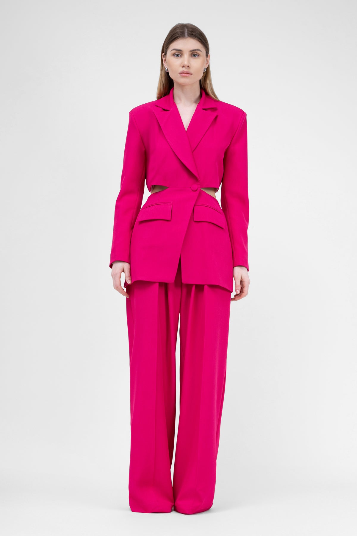 Fuchsia Suit With Blazer With Waistline Cut-Out And Ultra Wide Leg Trousers