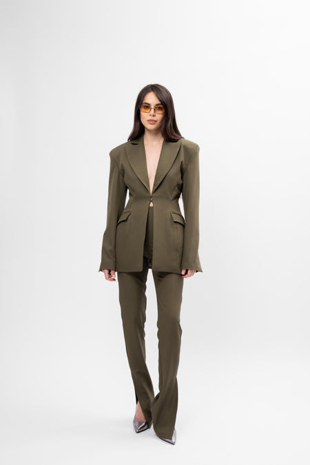 Khaki Suit with Balloon Blazer and Split-Hem Trousers