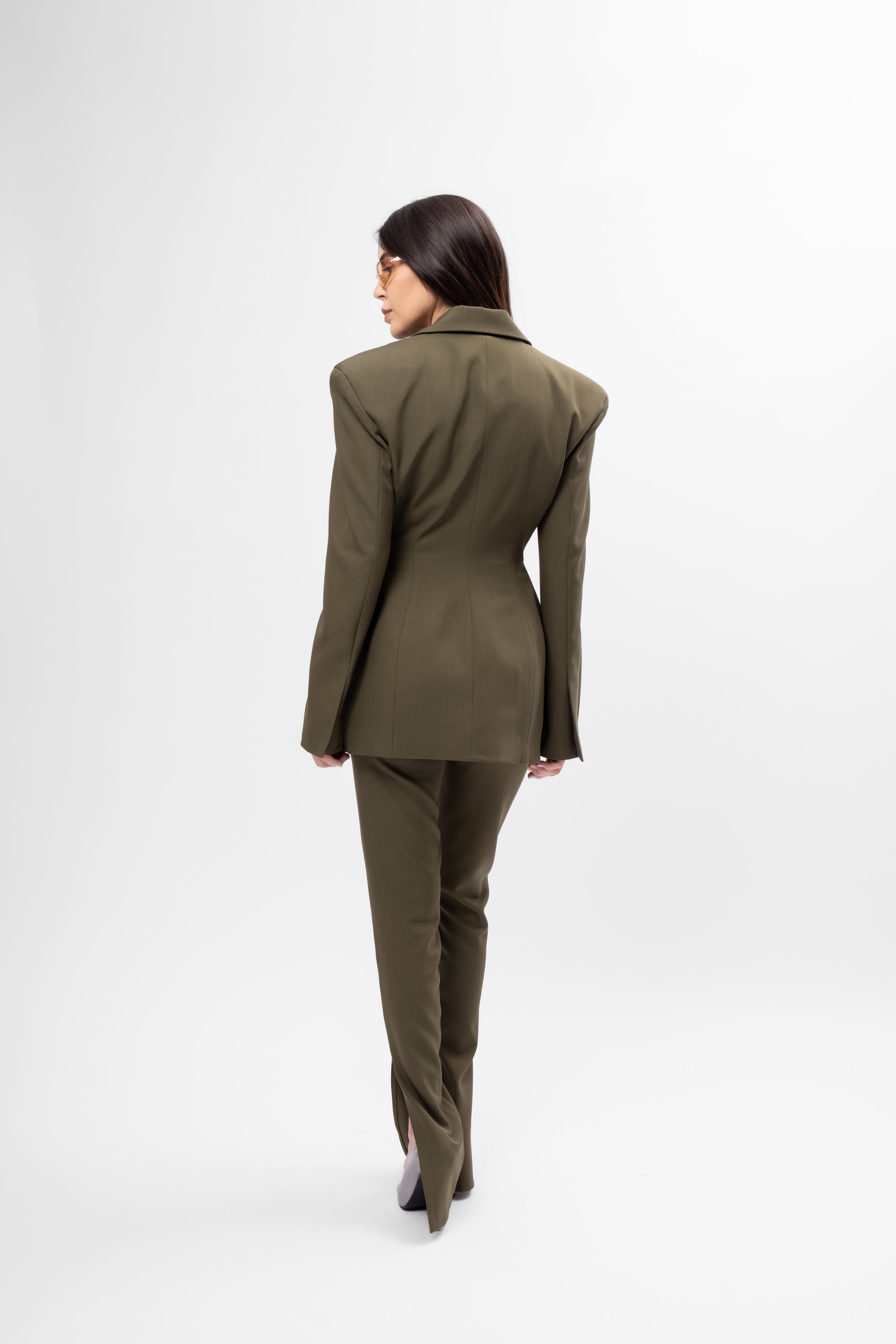 Khaki Suit with Balloon Blazer and Split-Hem Trousers