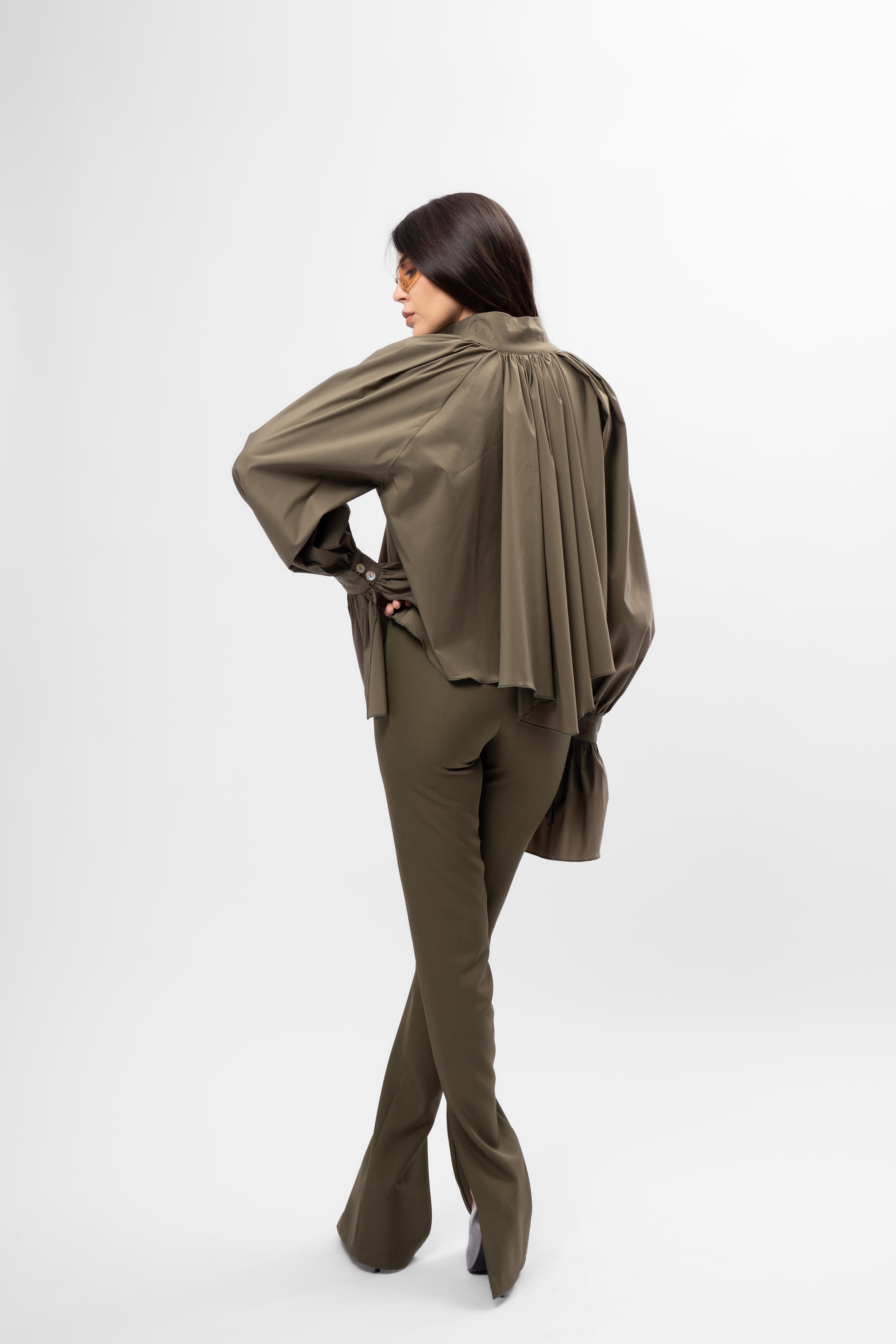 Khaki oversized shirt with high collar and balloon sleeves