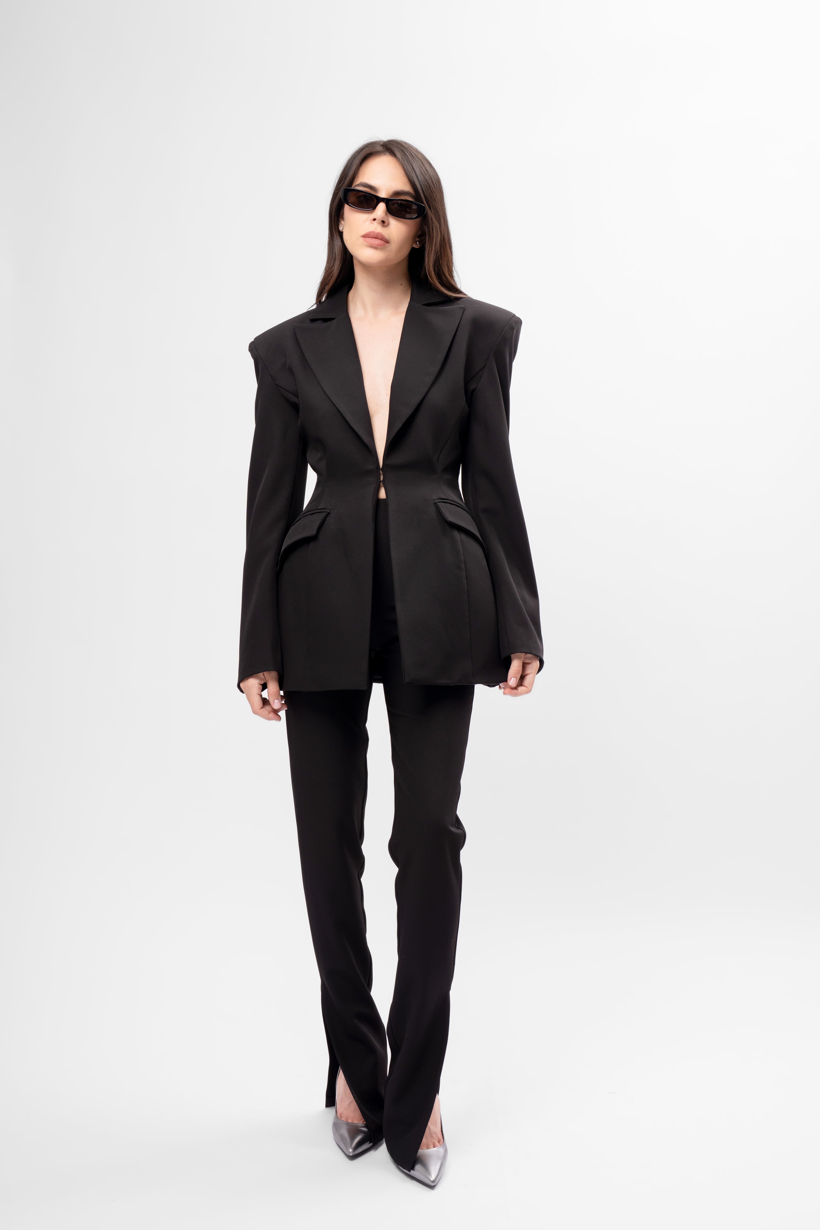 Black Suit with Balloon Blazer and Split-Hem Trousers