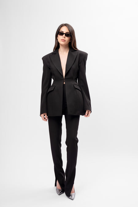 Black Suit with Balloon Blazer and Split-Hem Trousers