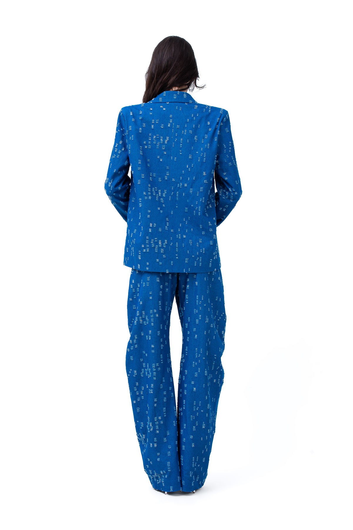 Costum din denim cu sacou oversized si pantaloni balon